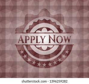 Apply Now red emblem or badge with abstract geometric pattern background. Seamless.