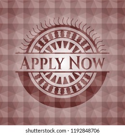 Apply Now red seamless emblem or badge with abstract geometric pattern background.