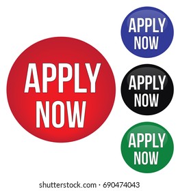 Apply now round website glossy buttons set on white background, vector illustration
