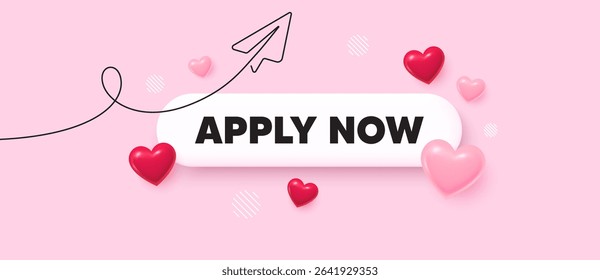 Apply now search bar. Share plane line icon. Apply now. Register today sign. Job hiring symbol. Search button with 3d hearts. Vector