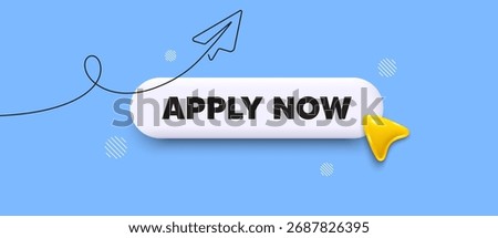 Apply now search bar. Share plane line icon. Apply now. Register today sign. Job hiring symbol. Search button with 3d cursor. Vector