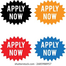 Apply now starburst labels and Splash Badges set with bold typography for modern marketing
