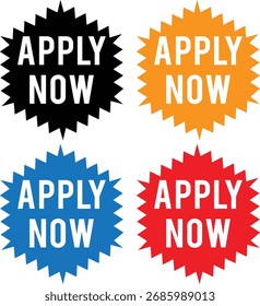 Apply now starburst labels and Splash Badges set with bold typography for modern marketing