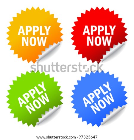 Apply now stickers set, vector illustration