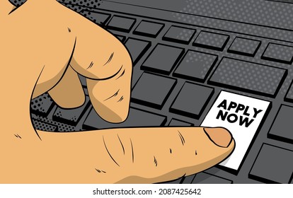 Apply Now Text, Sign On Computer Keyboard. Man Push Keypad On Laptop. Comic Book Style Concept. Jobs, Job Working Recruitment Employees Business Concept.