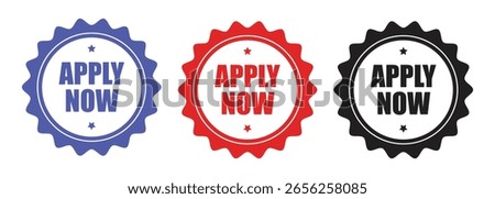 Apply Now Vector Badge Set in Red Blue and Black Colors for Promotions. Apply now banner design sticker. Vector illustration