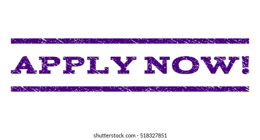 Apply Now! watermark stamp. Text caption between horizontal parallel lines with grunge design style. Rubber seal stamp with scratched texture.