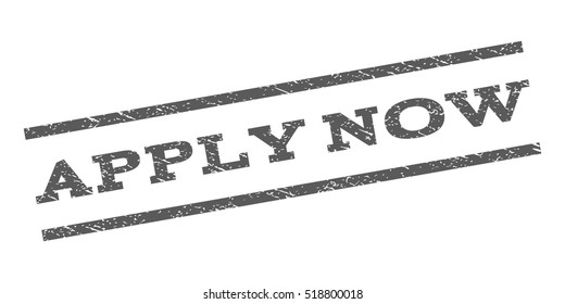 Apply Now watermark stamp. Text tag between parallel lines with grunge design style. Rubber seal stamp with scratched texture. Vector grey color ink imprint on a white background.
