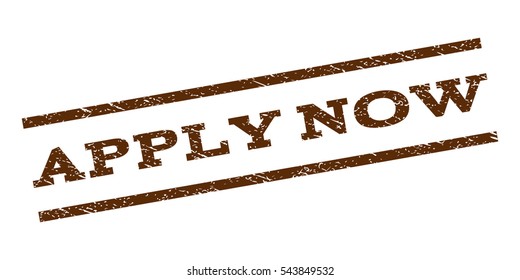 Apply Now watermark stamp. Text caption between parallel lines with grunge design style. Rubber seal stamp with unclean texture. Vector brown color ink imprint on a white background.