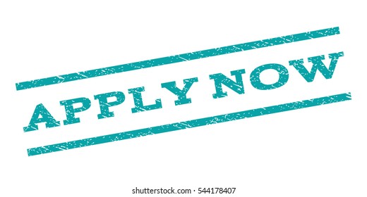 Apply Now watermark stamp. Text tag between parallel lines with grunge design style. Rubber seal stamp with dirty texture. Vector cyan color ink imprint on a white background.