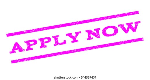 Apply Now watermark stamp. Text tag between parallel lines with grunge design style. Rubber seal stamp with dust texture. Vector magenta color ink imprint on a white background.