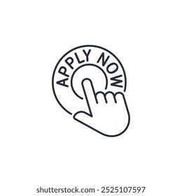 Apply now.Finger cursor, click round button.Vector linear icon isolated on white background. 
