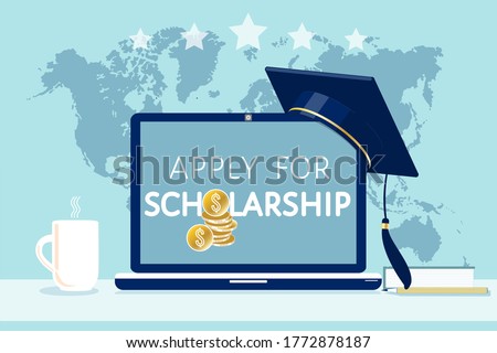 Apply online for scholarships concept vector illustration.  Text at laptop screen, stack of coins, graduate hat, workplace, world map. For landing page, template, ui, web, mobile app, poster, banner