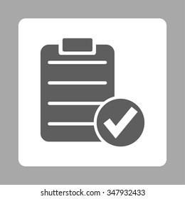 Apply Page vector icon. Style is flat rounded square button, dark gray and white colors, silver background.