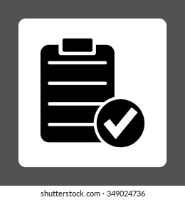 Apply Page vector icon. Style is flat rounded square button, black and white colors, gray background.