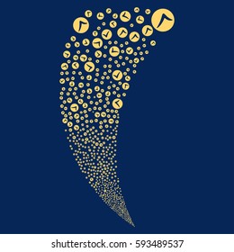 Apply random fireworks stream. Vector illustration style is flat yellow iconic symbols on a blue background. Object fountain created from scattered icons.