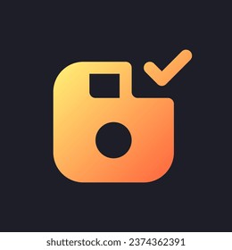 Apply saving orange solid gradient ui icon for dark theme. Successful data record. Work backed up. Filled pixel perfect symbol on black space. Modern glyph pictogram for web. Isolated vector image