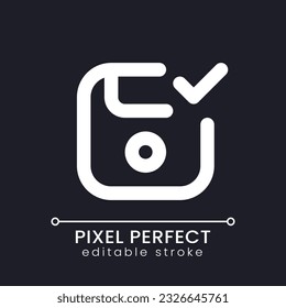 Apply saving pixel perfect white linear ui icon for dark theme. Successful data record. Work backed up. Vector line pictogram. Isolated user interface symbol for night mode. Editable stroke