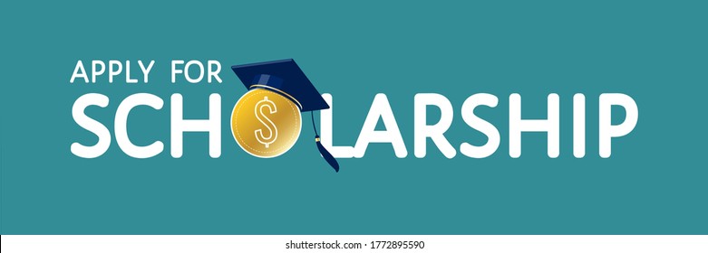 Apply for scholarship vector concept. Text with dollar coin, traditional graduate cap, mortarboard hat. For university, college, high school landing page, template, ui, web, mobile app, poster, banner