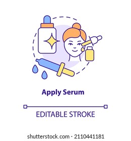 Apply serum concept icon. Skincare routine product. Everyday beauty procedure abstract idea thin line illustration. Isolated outline drawing. Editable stroke. Roboto-Medium, Myriad Pro-Bold fonts used