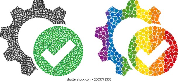 Apply settings gear mosaic icon of circle spots in variable sizes and rainbow color tinges. A dotted LGBT-colored apply settings gear for lesbians, gays, bisexuals, and transgenders.