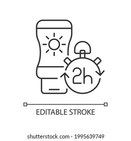 Apply sunscreen every 2 hours linear icon. Sunblock lotion application tip. Cream for sunburn. Thin line customizable illustration. Contour symbol. Vector isolated outline drawing. Editable stroke