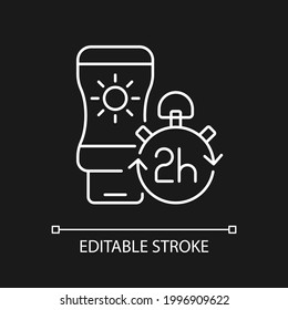 Apply sunscreen every 2 hours white linear icon for dark theme. Sunblock lotion application tip. Thin line customizable illustration. Isolated vector contour symbol for night mode. Editable stroke