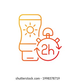 Apply sunscreen every 2 hours gradient linear vector icon. Sunblock lotion application tip. Cream for sunburn. Thin line color symbols. Modern style pictogram. Vector isolated outline drawing