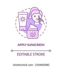 Icono de concepto de pantalla solar púrpura. Protección de la piel contra la ilustración de línea delgada de idea abstracta ultravioleta. Dibujo de contorno aislado. Trazo editable. Fuentes Roboto-Medium, Myriad Pro-Bold utilizadas