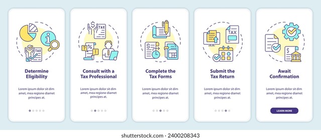 Apply for tax credits onboarding mobile app screen. Fiscal policy walkthrough 5 steps editable graphic instructions with linear concepts. UI, UX, GUI template