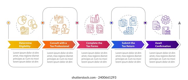 Apply for tax credits rectangle infographic template app screen. Data visualization with 5 steps. Editable timeline info chart. Workflow layout with line icons