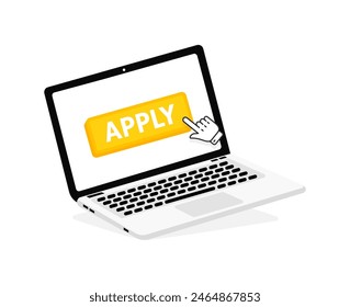 Apply text on Laptop screen with a red button . Button with pointer clicking. Finger Pressing