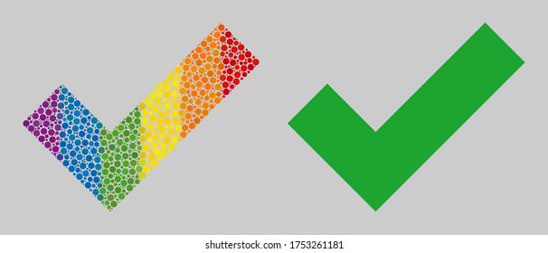 Apply tick mosaic icon of circle spots in variable sizes and rainbow colorful color tones. A dotted LGBT-colored Apply tick for lesbians, gays, bisexuals, and transgenders.