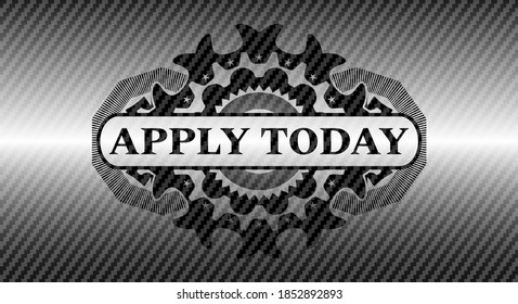 Apply Today text inside carbon fiber emblem. Polymer texture chic background. Vector illustration. 