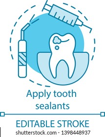 Aplicar ícone de conceito de selantes dentários. Fissura e vedação de buracos. Revestimento para dentes. Ilustração de linha fina da ideia de prevenção de cáries. Desenho de contorno isolado por vetor. Traçado editável