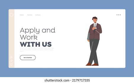 Aplicar y trabajar con la plantilla de la página de aterrizaje de EEUU. Personaje masculino en traje formal con mirada en bolso al reloj de pulsera, joven empresario usa blazer marrón y pantalones. Ilustración de vectores de personas de caricatura