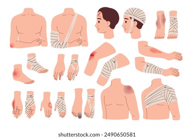 Applying bandages to wounds. Fixation and isolation of bruises. Bone fractures. Affected body parts. Physical injury. Emergency help. Hospital treatment. Plaster at knee