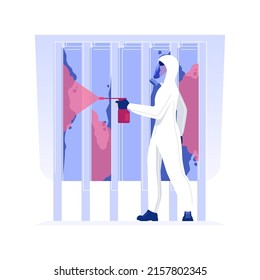 Applying biocide isolated concept vector illustration. Person in protective suit removing mold using biocide, private house maintenance service, remediation in construction vector concept. svg