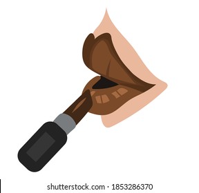 Applying brown lipstick, lips on isolated white background