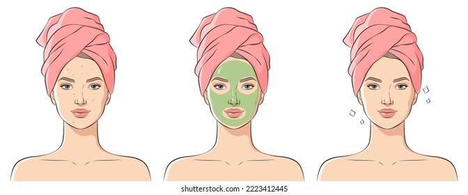 Applying a cosmetic mask on a face with problem skin. Beautiful young woman with towel on her head, vector illustration