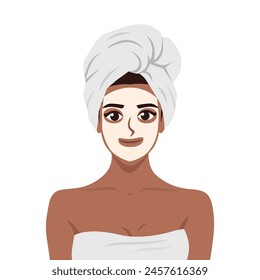 Applying a cosmetic mask on a face with problem skin. Beautiful young black woman with towel on head. Flat vector illustration isolated on white background