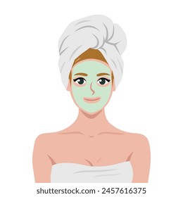 Applying a cosmetic mask on a face with problem skin. Beautiful young woman with towel on her head. Flat vector illustration isolated on white background