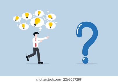 Applying diverse knowledge to solve problem, leveraging different perspectives and approaches to find best solution concept, Businessman with connected bubbles of idea light bulbs facing question mark