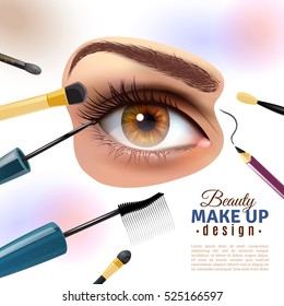 Applying eye makeup beauty tips pictorial infographic poster with putting eyelid base and eyeliner blurred background vector illustration 