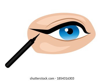 Applying Eyeliner, Blue Eye On Isolated White Background