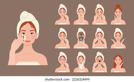 Applying face care products vector illustration. A beautiful woman doing her skincare routine in the bathroom.  - Shutterstock ID 2226324499