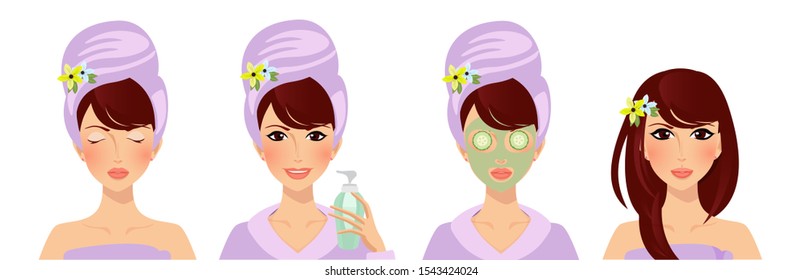 Applying face cucumber mask steps guide. Facial beauty cream usage isolated on white background. Skin care and acne treatment beauty health cosmetics product Cartoon flat vector illustration, clip art