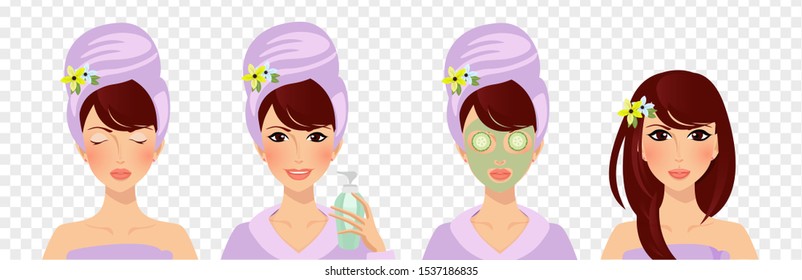 Applying face mask before after set. Facial beauty cream usage isolated on transparent background. Skin care acne treatment beauty health cosmetics product. Cartoon flat vector illustration, clip art