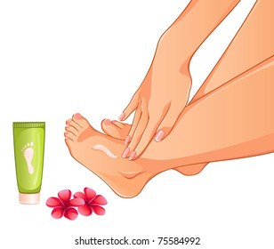 Applying foot cream.