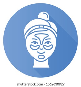 Applying hydrogel patches blue flat design long shadow glyph icon. Skin care procedure. Blackheads removal. Gel mask Facial beauty treatment. Face product. Vector silhouette illustration